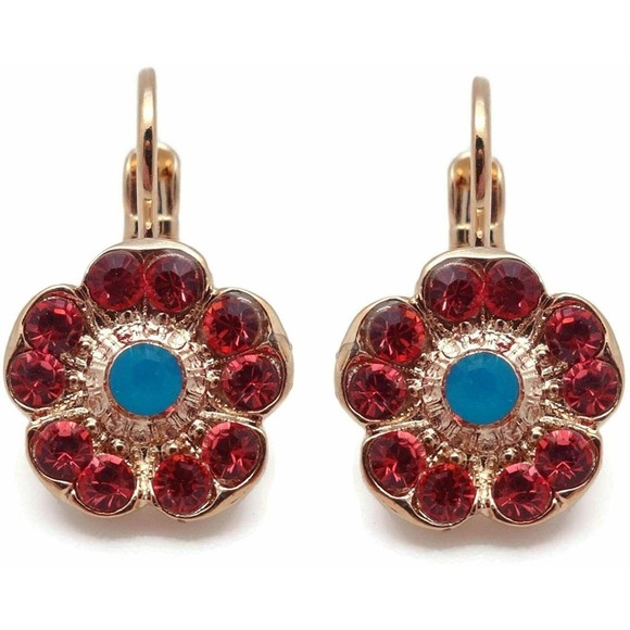 Mariana Bird of Paradise Gold Earrings Indian Pink with Teal Crystal Flower 1911 - Picture 2 of 3